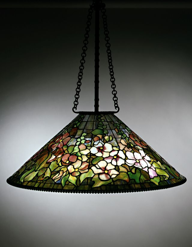The Hollyhock Hanging Shade, ca. 1905, is made with leaded glass and bronze. Images courtesy of The Neustadt Collection of Tiffany Glass, Queens, NY
