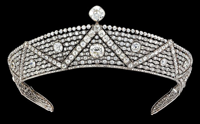 The Oriental Tiara is composed of wavy diamond set lines with a large cushion diamond at the center. Photo courtesy Cartier.