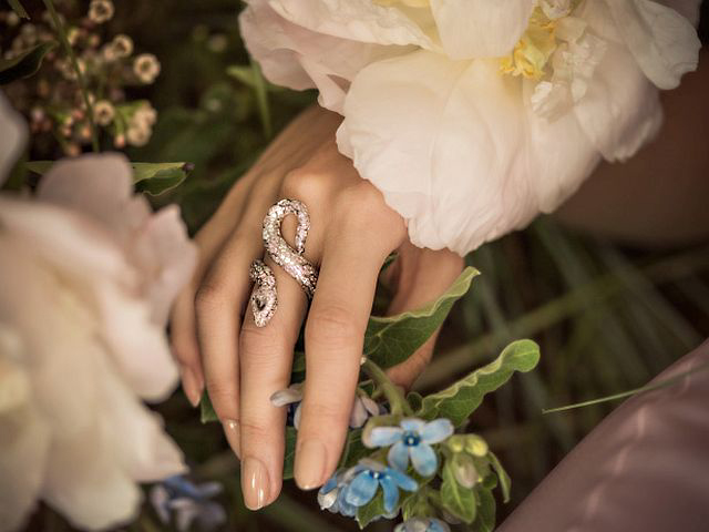 Cartier’s classic serpenti design is made with white gold and includes pink, brown and white diamonds. Photography by Jamie Beck.