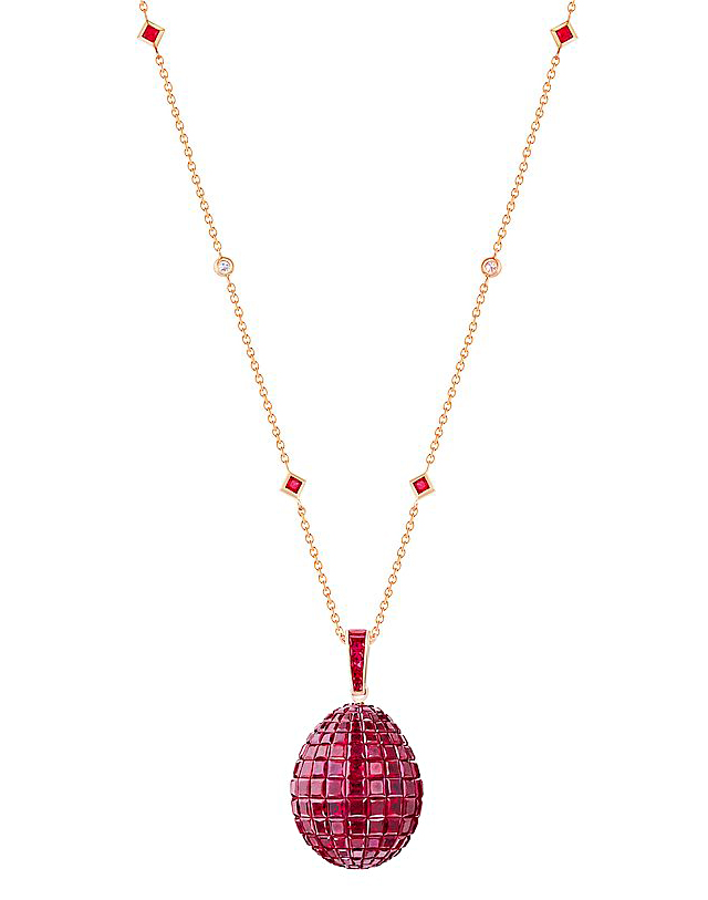 Fabergé’s ruby Mosaic pendant features an 18 karat rose gold chain adorned with rubies and diamonds. Photos courtesy Fabergé. 