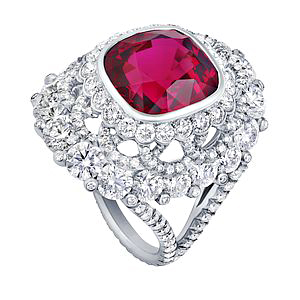 The inclusion of spinel — seen above as a 7.69-carat centerpiece on a Fabergé ring — marks just the third time the birthstone list has been updated since 1912. Photo courtesy Fabergé. 
