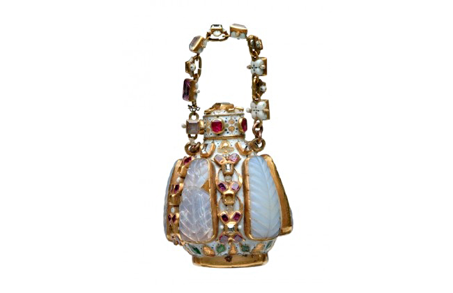 Jewelled scent bottle of white enamel and gold, 16th-17th century.