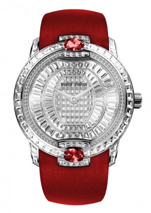 The Velvet Haute Joaillerie with rubies, by Roger Dubuis, is a watch for women. It boasts diamonds, two rubies, and a red belt.