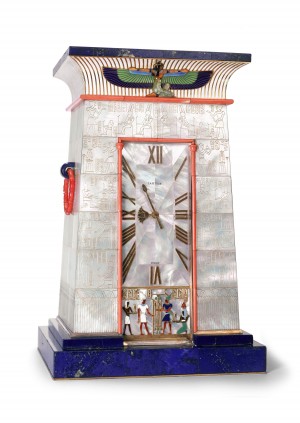 Egyptian striking clock owned by Mrs. George Blumenthal. Cartier Paris, 1927. Gold, silver gilt, mother of pearl, lapis lazuli, coral, emerald, comelian, enamel. 