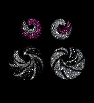 Top: "Hoop Earrings," 2008. Rubies, sapphires, diamonds, silver, and gold. Private collection. Bottom: "Hoop Earrings," 2010. Spinels, diamonds, silver, and gold. Private collection. Photograph by Jozsef Tari; courtesy of JAR, Paris.