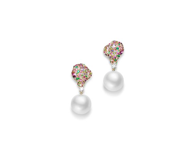 Earrings from the Four Seasons “spring” collection uses soft-colored gems and pearls to bring out the colors of spring. Photo courtesy Mikimoto America. 