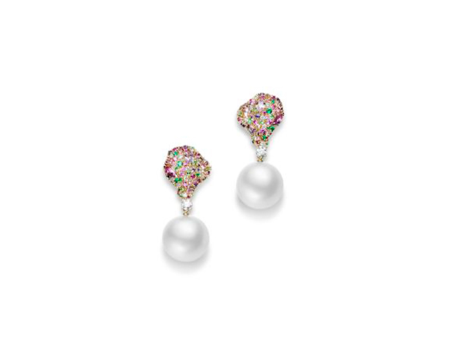 Earrings from the Four Seasons “spring” collection uses soft-colored gems and pearls to bring out the colors of spring. Photo courtesy Mikimoto America.