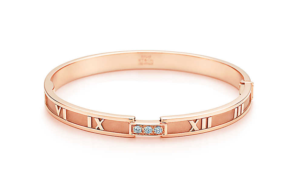 This hinged bangle from the Atlas collection comes in 18k rose gold with round brilliant diamonds. Photo courtesy of Tiffany & Co.