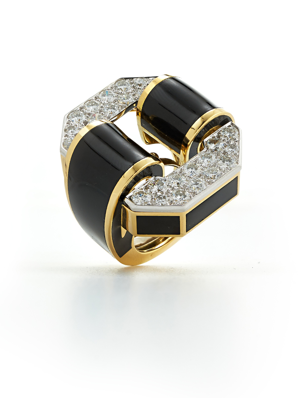 David Webb Buckle Ring. Black enamel, pavé diamonds, platinum and gold. $27,000.