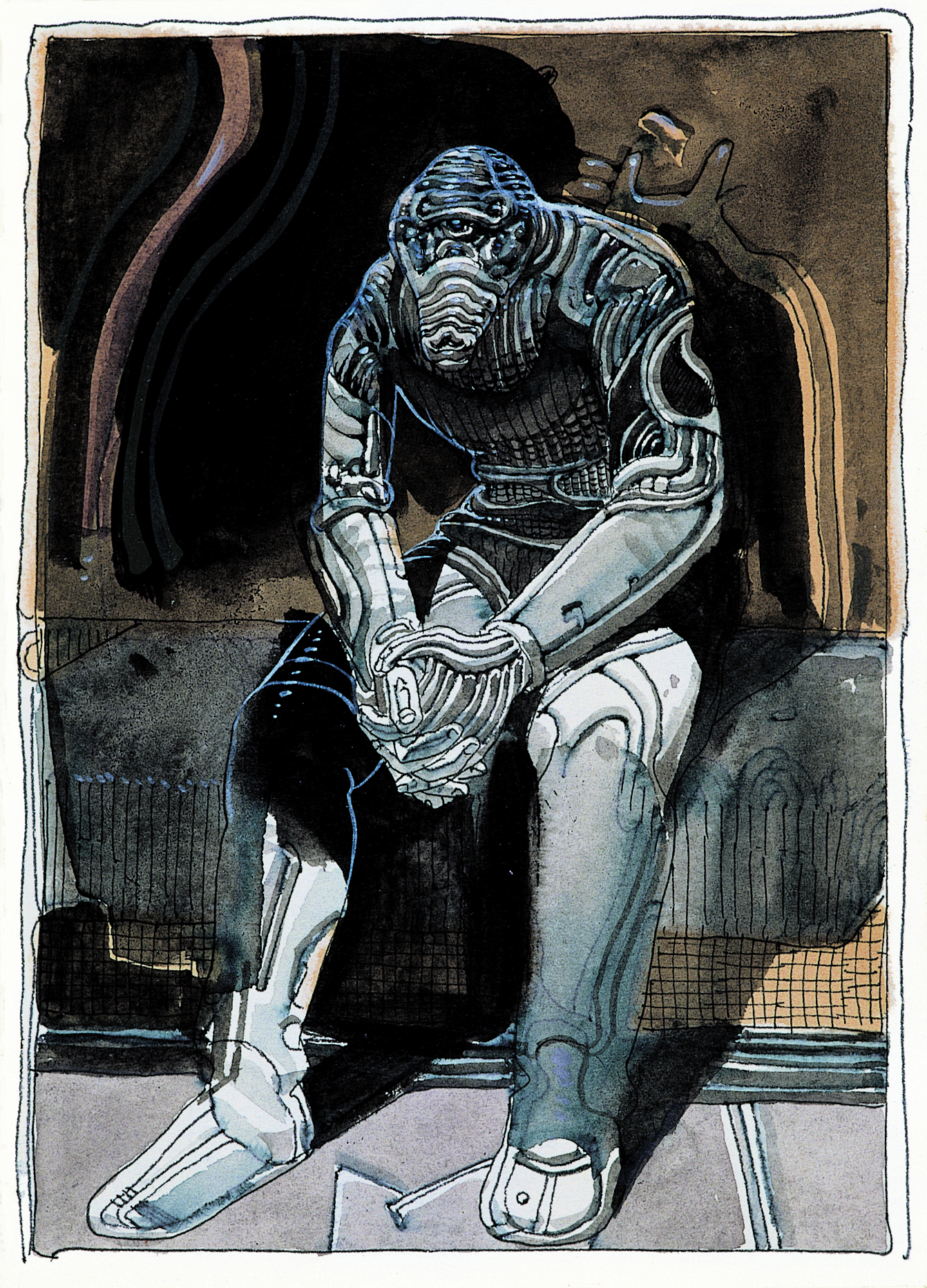 Moebius, 1999. This drawing uses Indian ink, pencil and watercolor on paper. Collection of the Foundation Cartier pour l’art contemporain, Paris (acqu. 1999). © Moebius Productions.