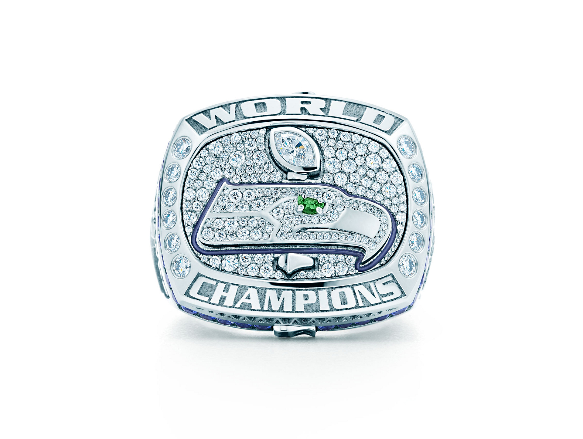 The Seattle Seahawks Super Bowl ring commemorates the team's landslide win against the Denver Broncos. Photo courtesy the Seattle Seahawks.