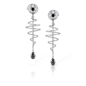These black diamond and platinum earrings spin inside the spiral. 