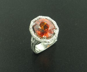 This spessartite garnet and diamond ring set in platinum won First Place in the AGTA 2004 Spectrum Award for Bridal Wear. 