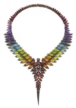 It was only by chance that, as a teen, Webster accidentally popped into a jewelry design class—and the rest is history. From the 2014 fine jewellery collection ‘Magnipheasant’, the Magnipheasant Feathers Collar set in 18ct white gold with citrine, amethyst, rhodolite, red garnet, blue topaz, peridot and iolite.