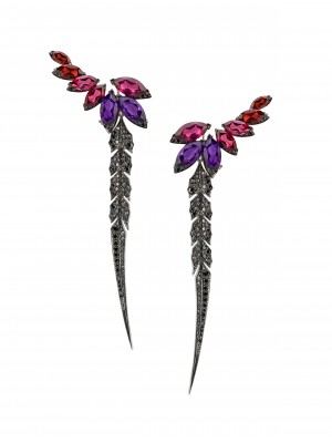 Webster's jewelry is cognizant of ethical and environmentally sound business practices. These Magnipheasant Feathers Drop Earrings are set in 18ct white gold with amethysts, red garnet, rhodolites and black diamonds.