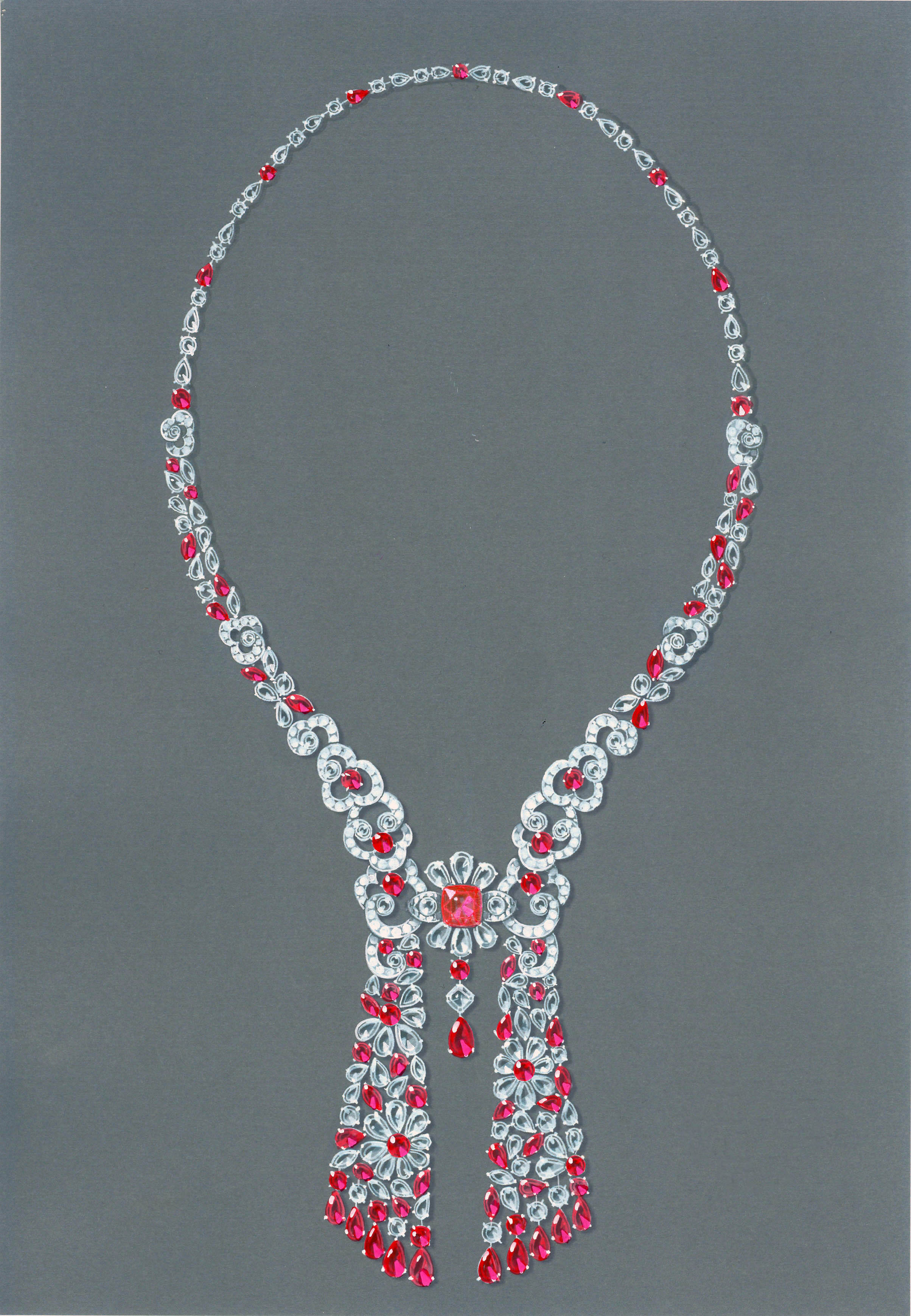 This necklace made from pear-shaped, round and marquise Burmese rubies and white diamonds showcases a stunning floral centerpiece. Photo courtesy Graff Diamonds.