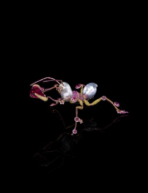 Brooch, The Mighty, by Wallace Chan. This piece uses pink tourmalines, diamonds, and yellow sapphires to accent the pearl body of the industrious ant. Image courtesy Wallace Chan International Limited. 