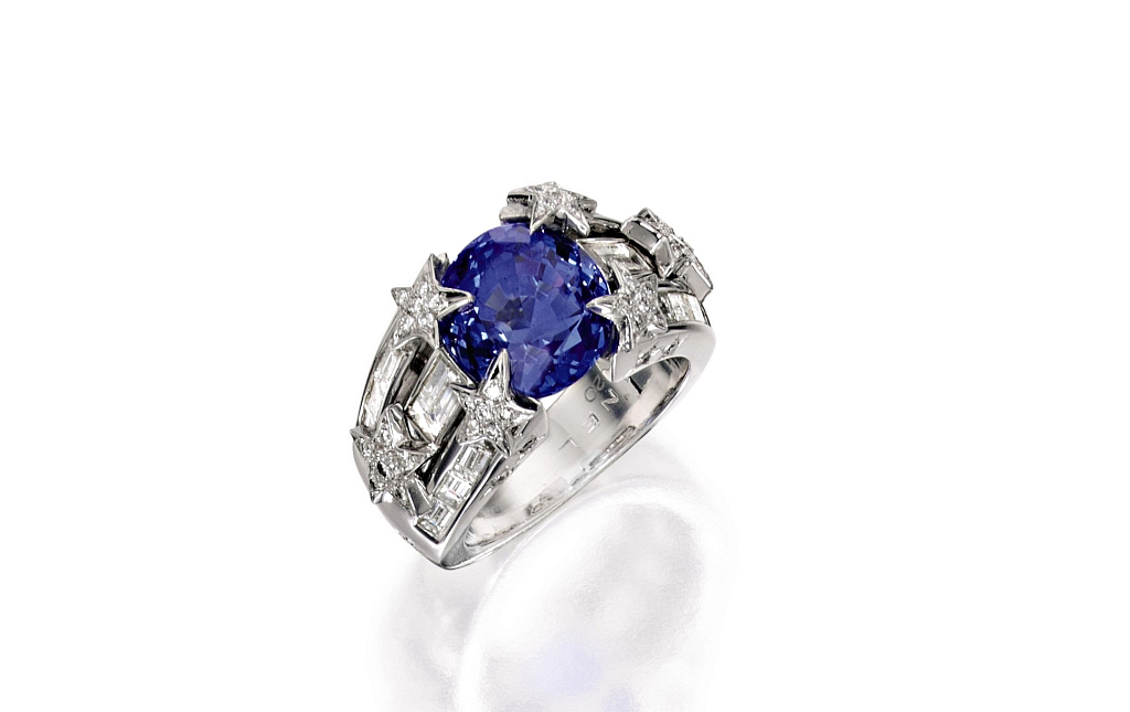A private collector contributed this 18 karat white gold, sapphire, and diamond Chanel ring to the sale. Its round and baguette diamonds weigh approximately 2.65 carats. Photo courtesy Sotheby's.