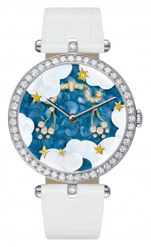 The Lady Arpels “Zodiac Libra” from Van Cleef & Arpels will also be on display. Mother-of-pearl, and white and yellow diamonds illuminate its white alligator bracelet. Photo courtesy Van Cleef & Arpels. 
