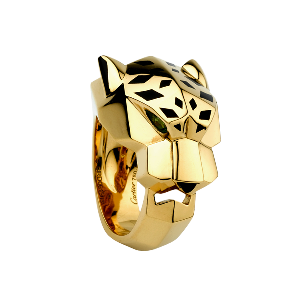 Cartier’s geometric panther ring uses 18K yellow gold set with tsavorite garnet eyes, onyx nose and black lacquer. Photo courtesy Cartier.