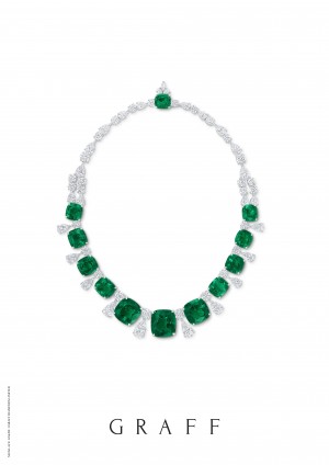 Drawing inspiration from Graff’s design archive and referencing historical European jewels, this dramatic multi-shaped emerald and diamond necklace comprising 41.28 carats of diamonds and 104.89 carats of emeralds. Image courtesy of Graff Diamonds.