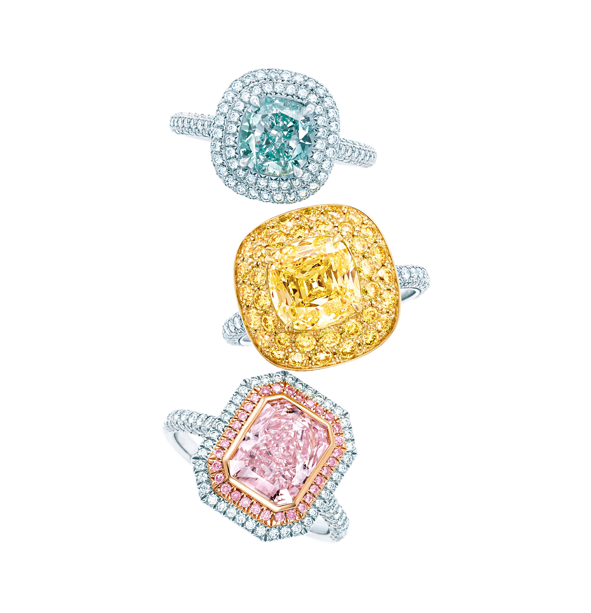 Color radiates from these Fancy Shaped rings that use rare colored diamonds. Photo courtesy Tiffany & Co. 