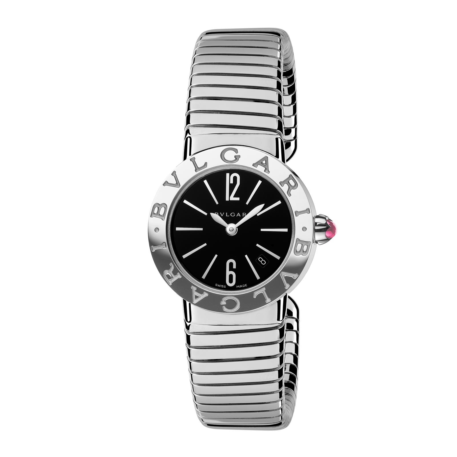 The popular Bulgari Bulgar wristwatch is so named because of its name printed twice on the bezel. Photo courtesy Bulgari.