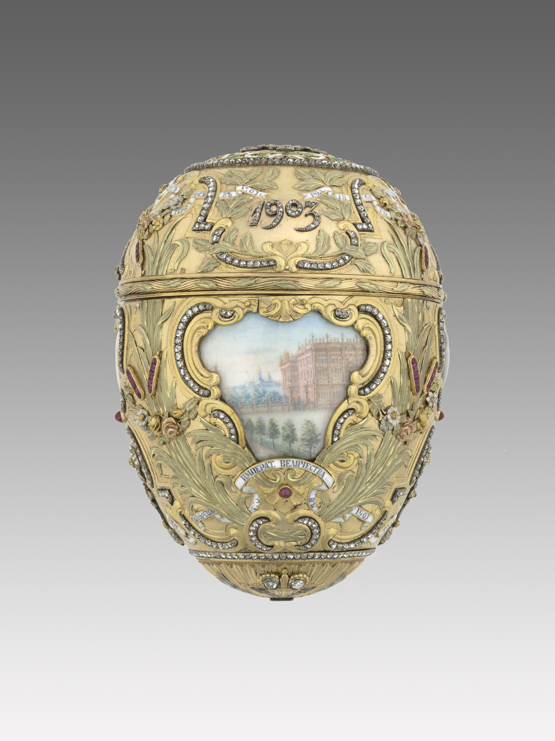 Dating back to 1903, Imperial Peter the Great Easter Egg is crafted from gold, platinum, diamond, rubies, and ivory, among other materials. Photo: Katherine Wetzel © Virginia Museum of Fine Arts.