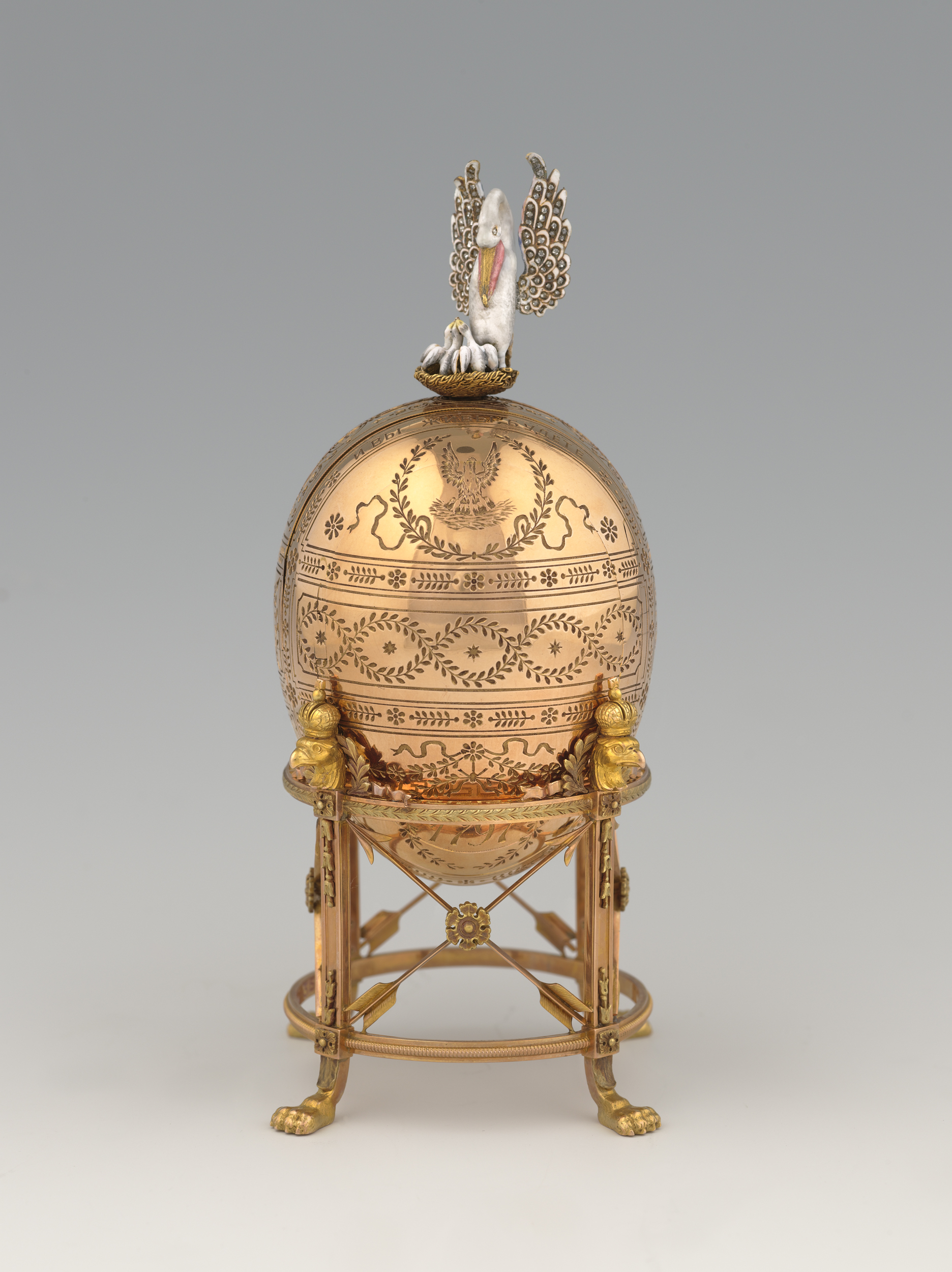 The bird perched atop the Imperial Pelican Easter Egg — which was created to celebrate the Dowager Empress of Russia — is meant to symbolize maternal care. Photo: Katherine Wetzel © Virginia Museum of Fine Arts.