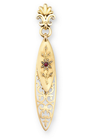 Circa 1890, this gold bookmark and paper knife charms with its ruby- and diamond-enhanced flower design.