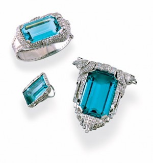 Vintage Art Deco platinum diamond and aquamarine suite.