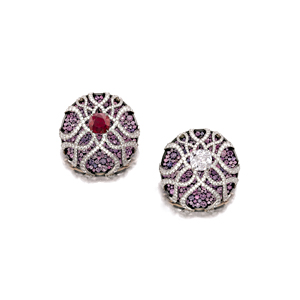 Collector Dimitri Mavrommatis is parting with a pair of JAR earrings which dazzle with sapphires ranging from light pink to purplish blue and lines of diamonds. One jewel is topped by a ruby weighing 4.89 carats, while the other is set with a 3.06-carat diamond.