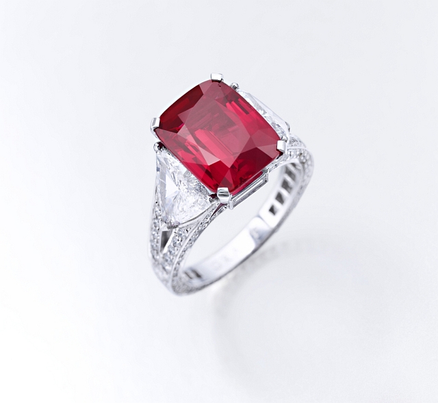 The Graff Ruby is taking center stage during the Magnificent Jewels and Nobel Jewels auction at Sotheby's Geneva. The coveted lot features two Graff ring mounts. Photos courtesy Sotheby's.