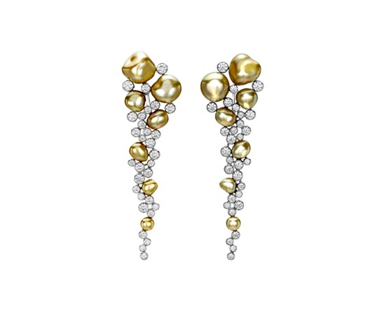 Diamonds and baroque golden pearls are combined in these scintillating earrings.  Photos courtesy Mikimoto.