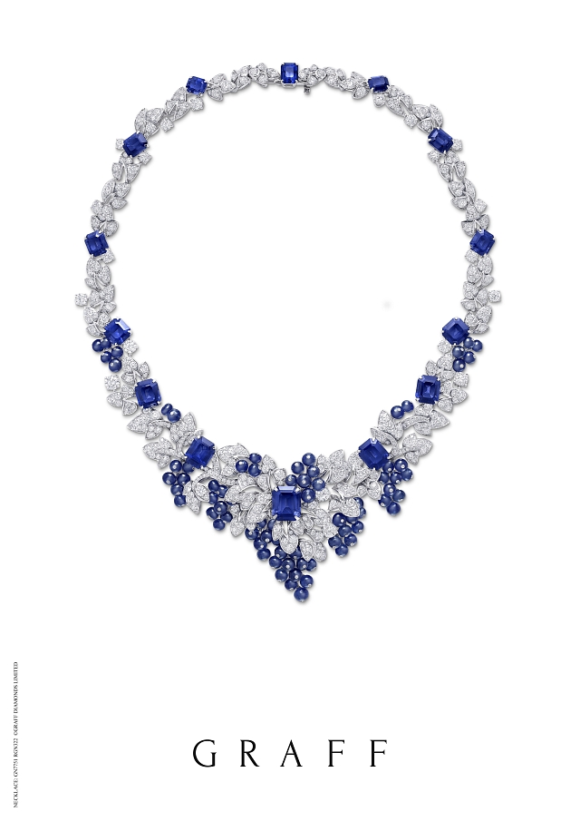 Graff Diamonds has rolled out the crème de la crème of baubles — including this vineyard-inspired sapphire and diamond necklace — to commemorate its Chicago location's 10th anniversary. Photos courtesy Graff.