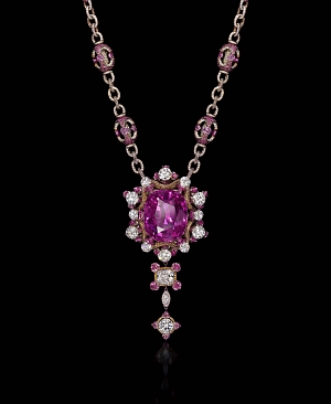 Gabriella Rose. This necklace features the world’s largest flawless purple sapphire. 