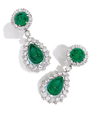 Platinum, emerald, and diamond ear pendants from the collection of Grand Duchess Vladimir of Russia, sold for $1,055,000 at Sotheby’s, New York, in December.