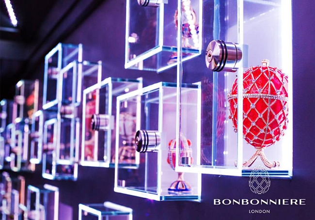 Shelves of stunning Fabergé egg replicas leave revelers in awe at BonBonniere London. Photos courtesy BonBonniere London.