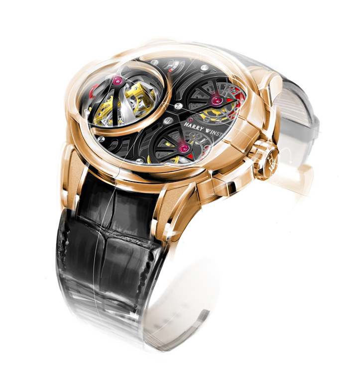 The dial of the Histoire de Tourbillon 5 is cut in several places to better reveal the watch’s movement. Photos courtesy Harry Winston.