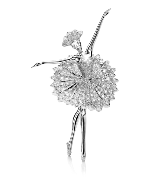 In the 1940s, Louis Arpels's passion for the art of dance inspired the brand's iconic ballerina clips. The Ballet Précieux high jewelry collection, featuring the diamond Sylvia clip, later debuted in 2007. Photo courtesy Van Cleef & Arpels. 