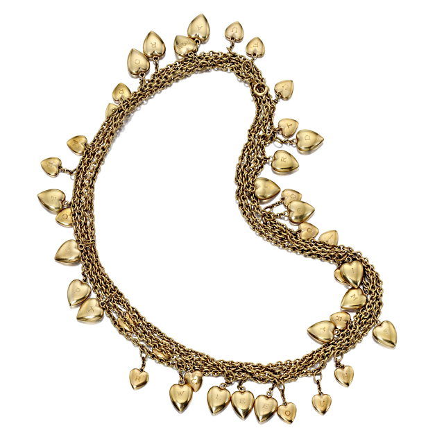 Lauren Bacall’s unique style was reflected in her jewelry such as this Tiffany gold chain with monogrammed hearts. Photos courtesy of Bonhams.