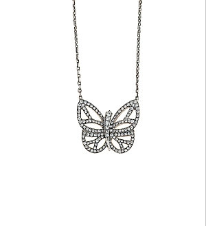 A pavé diamond openwork butterfly pendant hangs from a roughly 16.5-inch chain in Lot 4.  