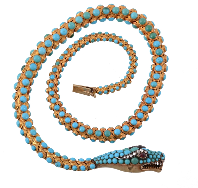 This early Victorian serpent necklace is estimated at £2,000 — 3,000 ($3,007 — 4,511). Photo courtesy Dreweatts & Bloomsbury.