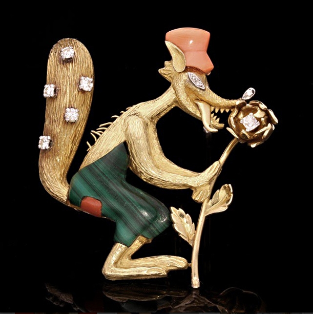 Modeled on the 1930's Disney cartoon The Big Bad Wolf, this Boucheron brooch is among the pieces featured in the London-based dealer's TEFAF Maastricht display. Photo courtesy Hancocks.