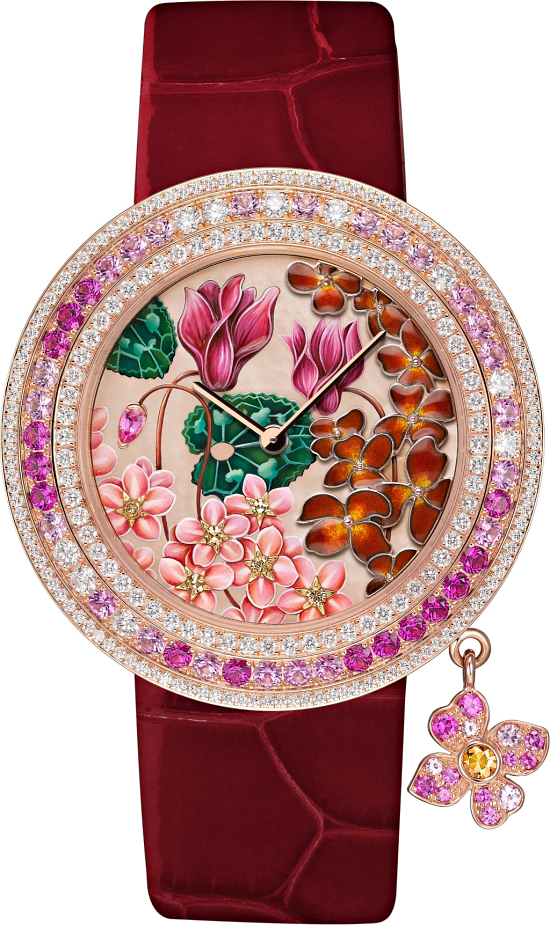 Seven years after the first Charms watch was created, the 38mm Charms Extraordinaire Amour joins the collection. Like its Langage des Fleurs counterparts, the pink gold timepiece comes with interchangeable alligator straps to suit every mood. Photos courtesy Van Cleef & Arpels. 