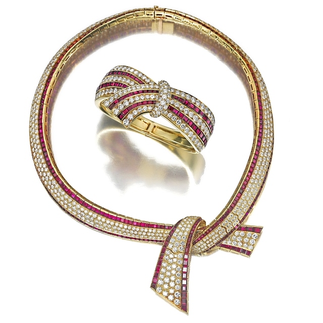On April 15, Van Cleef & Arpels aficionados will have a chance to bid on this marvelous suite of diamond and ruby jewelry at Bonhams New York. Photos courtesy Bonhams. 