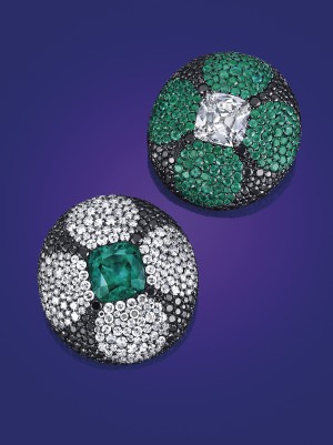 JAR's pavé-set green and violet sapphire ear clips could draw a bid of up to $50,000 in New York. 