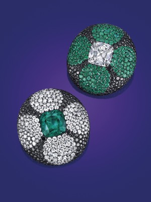 JAR's pavé-set green and violet sapphire ear clips could draw a bid of up to $50,000 in New York.