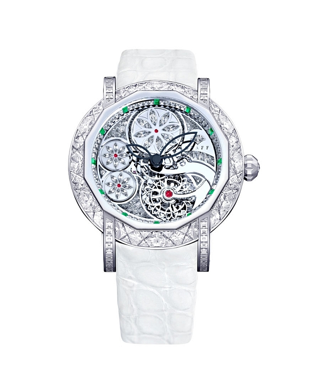 Graff's white gold Floral Tourbillon makes use of the jeweler's renowned gem-setting experience. Photos courtesy Graff Diamonds.