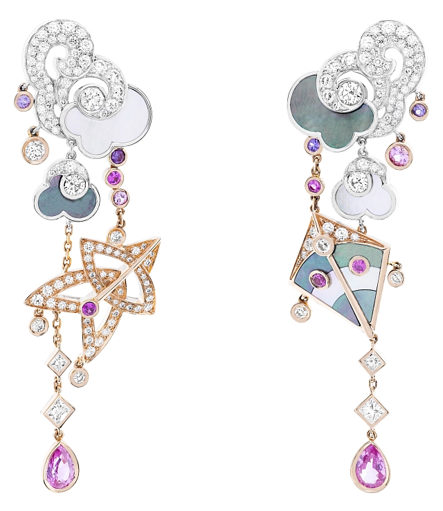 Asymmetric earrings enchant with their varied usage of pink gold, white gold, sapphires, and mother-of-pearl. Photos courtesy Van Cleef & Arpels.